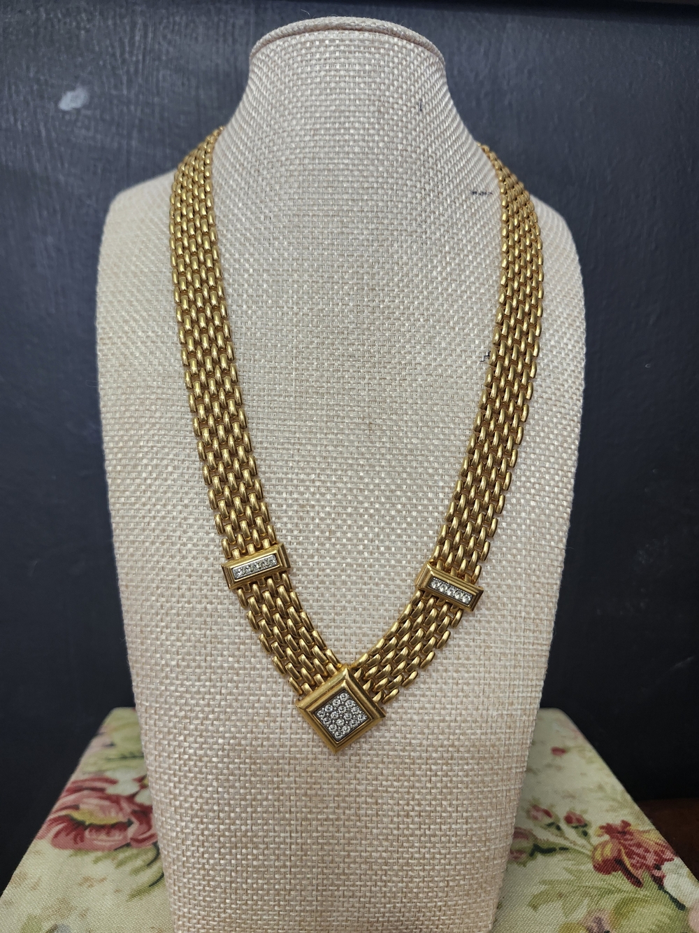 Avon Gold-Tone Double Row Chain Necklace with Pavé Square Accents